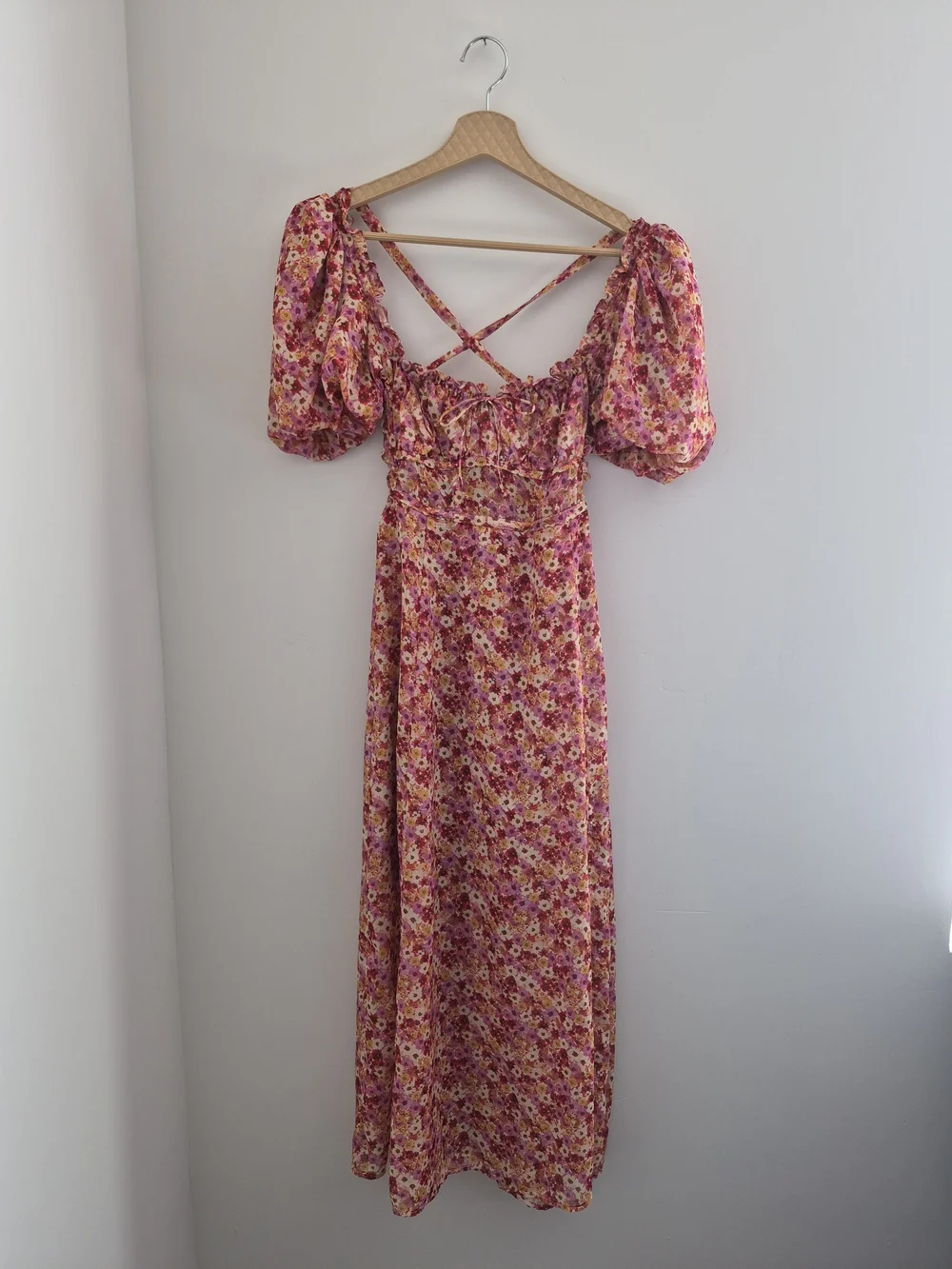For Love & Lemons Felicia Pink Floral Puff Sleeve Midi Dress Slit Size Small S